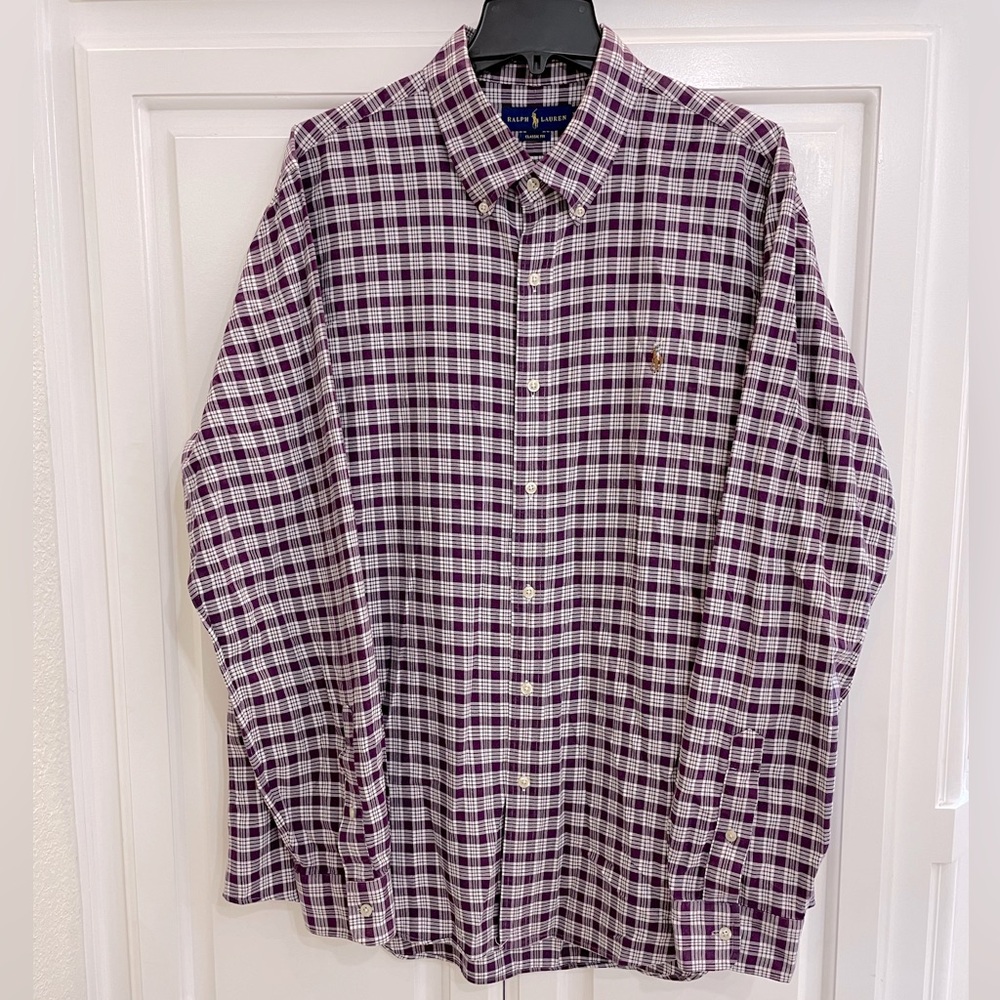 AUTHENTIC POLO RALPH LAUREN “CLASSIC FIT” PURPLE/WHITE LONG SLEEVE SHIRT - S: XL